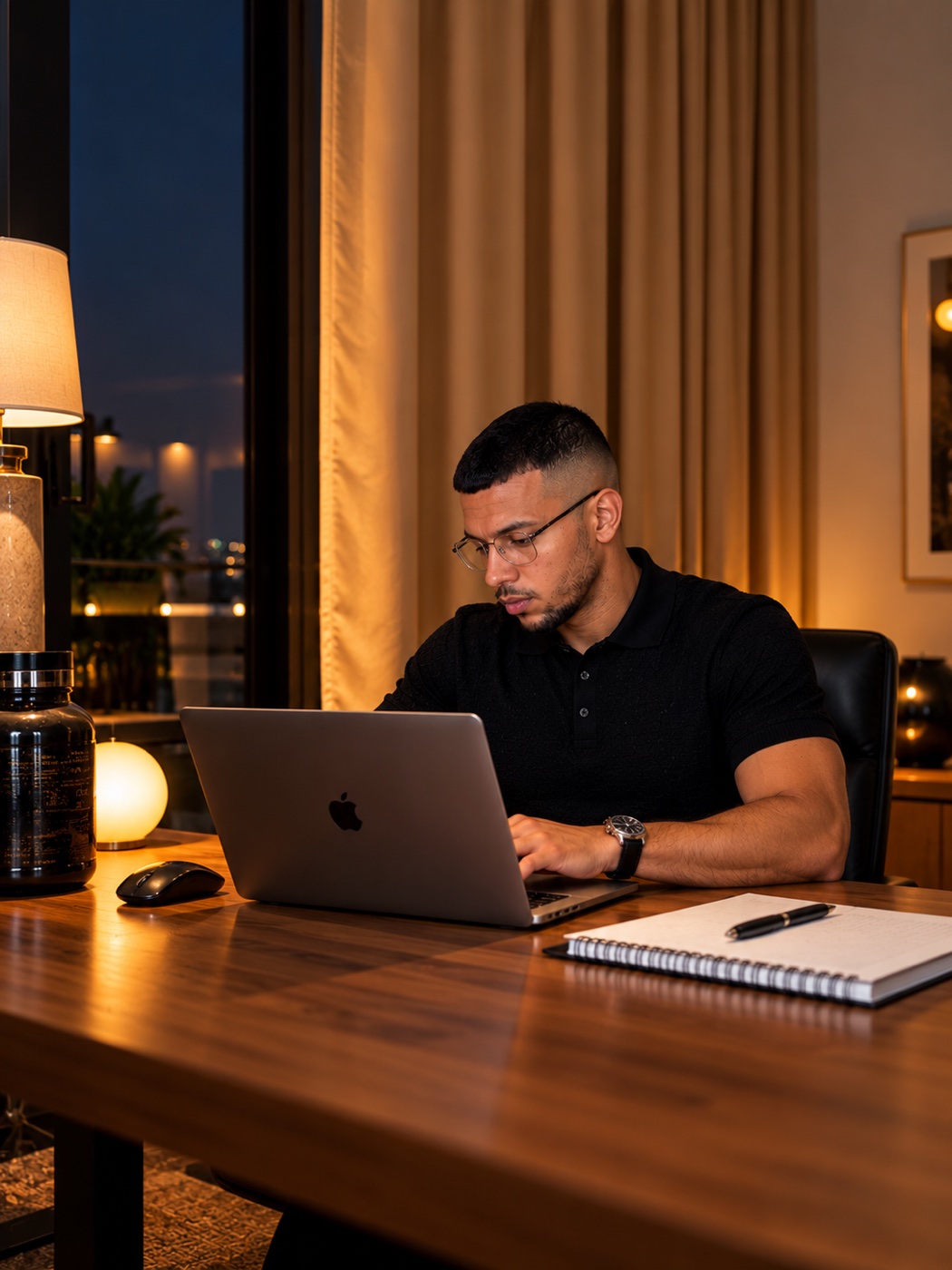 Simo trabajando con su MacBook en una mesa de madera